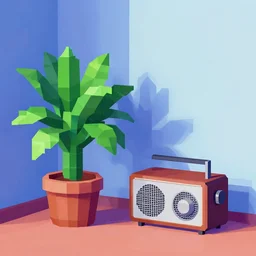 a digital painting of a room containing a potted plant and a radio, a low poly render by edward okun, symmetry, polycount, computer art, vaporwave, # screenshotsaturday, voxel art