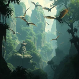 an ancient jungle with flying creatures, concept art by yongfei liu, alben tan, vance kocas, octane rendered