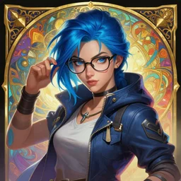 modern female hacker with dyed blue hair and glasses, magic the gathering, intricate, highly detailed, energetic, vivid colors, digital painting, artstation, concept art, smooth, sharp focus, illustration, Unreal Engine 5, 8K, art by artgerm and greg rutkowski and alphonse mucha