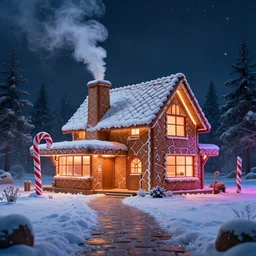 a foot path leads to a modern gingerbread house designed by frank lloyd wright. from the house delicious smelling thick smoke curls out of a chimney. in front of the house is a sculpture made from a candy cane. snow flurries are the air, it's magic. rgb ambient backlit. digital art, epic fantasy, awe inspiring, dramatic lighting, cinematic, extremely high detail, photorealistic, cinematic lighting, trending on artstation, artstation, cgsociety, 3 d octane unreal engine, 4 k, hq,