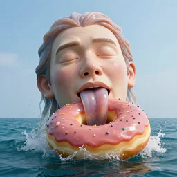 a massive jelly sculpture of a squashed human face licking a giant donut on the ocean water, in the style of johnson tsang, cinematic, funny, hyper - realistic, very detailed, realistic jelly splashes, ray tracing, 8 k resolution, long - shot, sharp focus, low angle, 8 5 mm photograph, wide lens