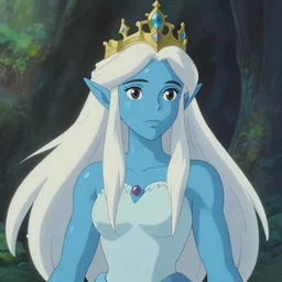 the archfey called'the prince of frost ', white hair, blue skin, middle - age, elf, crown, in the style of studio ghibli, trending on cgsociety