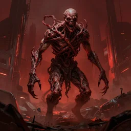 concept art by greg rutkowski, an horrible creature made of twisted flesh, roaming a desolate brutalist futuristic environment reddish lighting, scary and creepy atmosphere, frightening and creepy atmosphere, scifi, highly detailed portrait, digital painting, artstation, concept art, smooth, sharp foccus ilustration, artstation hq