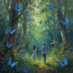 a beautiful painting of blue butterflies are flying in the forest, two people, by greg rutkowski, trending on artstation