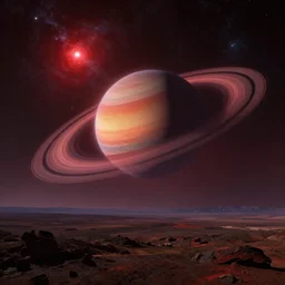 majestic landscape in alien world, sublime, red star and planet with rings in the sky