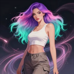 a award winning half body portrait of a beautiful woman in a croptop and cargo pants with ombre purple pink teal hairstyle surrounded by whirling illuminated lines, outrun, vaporware, shaded flat illustration, digital art, trending on artstation, highly detailed, fine detail, intricate, sensual, elegant, seductive