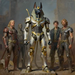 a statue of egyptian anubis mecha, tim hildebrandt, wayne barlowe, bruce pennington, donato giancola, trending on artstation, cinematic composition, beautiful lighting, hyper detailed, 8 k, oil on canvas