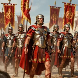 the pomp, power, and military bombast of the roman legion, concept art by by noah bradley, darek zabrocki, natasha tan, proud red and gold banners, heroic, highly detailed, ultra detailed, ultra realistic, trending on artstation, dramatic lighting, masterpiece, roman legion