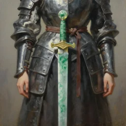 oil painting of a jade sword hanging from the belt of a girl knight, hyperrealistic painting, deviantart, baroqe