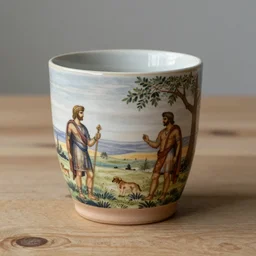 beautiful close - up studio photograph of a hand - thrown stoneware mug painted with scenes from the iliad on a wooden table, hyperrealism 8 k trending on artstation
