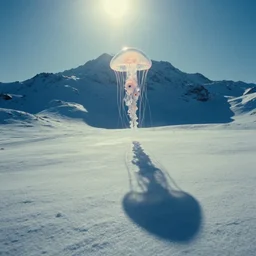 the first snow on a young earth, majestic landscape, long shadows, glowing lonely fractal jellyfish with eyes, still frame from the voyage of time movie by terrence malick with cinematogrophy of emmanuel lubezki with art direction of giger, arri alexa, ultra wide anamorphic lens, optical flares, 8 k