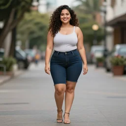 curvy, smiling, high cheek bones latina, big voluminous hair, dark features, nice composition, full body shot, bokeh