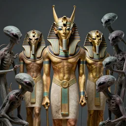 egyptian gods killing aliens brainsuckers, perfect faces, fine details, studio lighting, subtle shadows, art by katsuya terada, photorealism, hyper realism, octane render, hyper detailed, canon eos r 3, f / 1. 4, iso 2 0 0, 1 / 1 6 0 s, medium shot, 8 k, raw, unedited, in - frame,