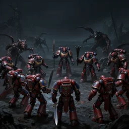 blood angel space marines battle terrifying monsters, epic battle scene. scenic view at night, underexposed, clean horizon, matte painting by craig mullins and dan mumford, cinematic, high fantasy, style of game of thrones, concept art trending on artstation, 4 k, insane details