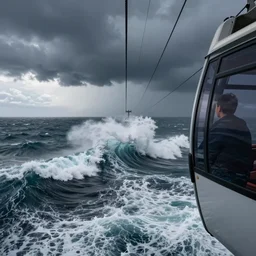 looking out of a cable car over the middle of a stormy ocean, large waves crashing over it, a detailed matte painting by richard wilson, trending on unsplash, environmental art, creative commons attribution, associated press photo, furaffinity