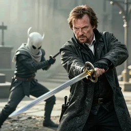 Walter White sword fighting the hollow knight, cinematic, detailed.