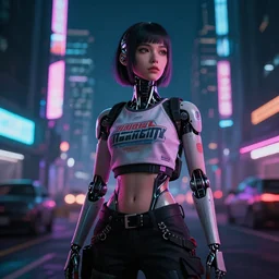 a cybernetic female android with decals wearing street futuristic top fashion clothing in a cyberpunk city with neon lights and volumetric lighting by Alberto Mielgo, slow flash sync, moody, night time, artstation, cgsociety zenith view