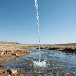 water dripping up from a river, blue sunny sky, desolate land, hyper detailed photorealistic