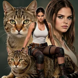 A badass photo of tough looking Selena Gomez as a muscled Lara Croft sitting on her large giant cat beast, award winning photography, perfect faces, extremely detailed