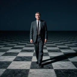 Disoriented 1950s CEO wanders a desolate, flat checkerboard land at night, surrealism, realism,