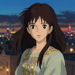 anime girl, twilight city backdrop, art by studio ghibli and ilya kuvshinov, portrait, intricate, bokeh. highly detailed, sharp focus, digital painting, trending on pixiv fanbox, trending on artstation, concept art, sharp focus, illustration art by artgerm and greg rutkowski and alphonse mucha