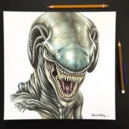 a realistic color drawing of an angry xenomorph, portrait, aaron horkey