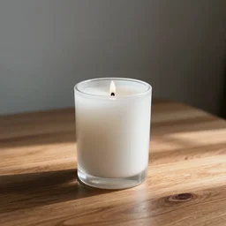a white candle on a wooden table. volumetric lighting