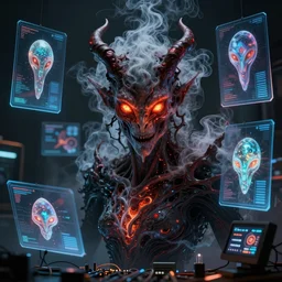 A Demon made out of smoke with fiery eyes in holograms of alien artifacts, electrical case display, total recall tech, , ultrarealistic, dramatic lighting, electrical details, high details, 4k, 8k, best, accurate, trending on artstation, artstation, photorealism, ultrarealistic, digital painting, style of Tristan Eaton Stanley Artgerm and Hajime Sorayama, Caravaggio, Boris Vallejo