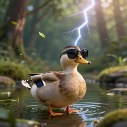 digital art of a duck wearing cool sunglasses on a small pond with leaves blowing on wind and in forest, low depth field, dramatic lightning, sun flare, high - resolution, trending on artstation