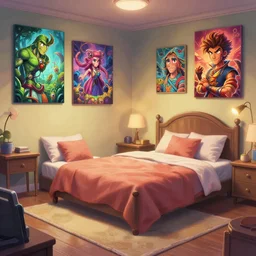 photo cartoon illustration comic manga painting of bedroom environement : 6 fantasy environement, digital painting, volumetric lighting by feng zhu, 3 d salman toor artworks in 4 k beeple, by salman toor