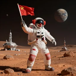 clown astronaut on mars, scifi colony in the distance, cinematic style, highlight, clown flag, heroic pose, masterpiece, space, planet, artstation, art by bingyi huang and jan urschel