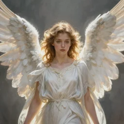 a beautiful portrait of an angel with pretty face and her huge white wings spread out painted by gerhartz, highly detailed, beautiful, back lit, graceful and elegant, ethereal.