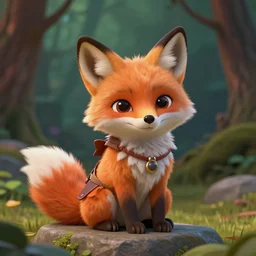 a small animal with a fox face sits on a stone, shady forest, cartoonish but elaborate and detailed style, high quality, 3 d render, high fur detail, fantasy costume, focus on the foreground