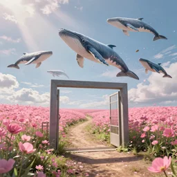 a square gate in pink flowers field, perspective, dappled light, looking up, studio ghibli, peter mohrbacher style, rendered in houdini. vfx, floating whales, particles, magic, unreal hd artstation trending 8 k, epic composition