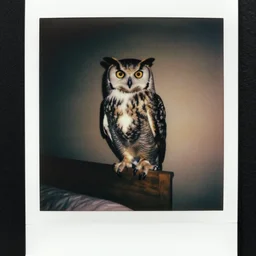 paranormal polaroid of a singular menacing gigant owl perched on the bed headboard, low key lighting, creepy atmosphere