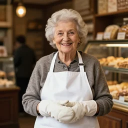a smiling lovely cute granny in a white french bakery apron and mitts. dimly lit french bakery background. beautiful lighting. editorial photography