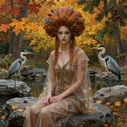 cyberpunk aztec goddess in a zen rock garden, by Peter Kemp, by Artgerm, autumn, glamorous hairstyle, vermont fall colors, wearing translucent earthtone fashion, sad, Autumn, art nouveau by Brian Froud, frozen tear, berries, a heron, evergreen branches, by Alphonse Mucha, highly detailed concept painting with cinematic lighting, trending on art station