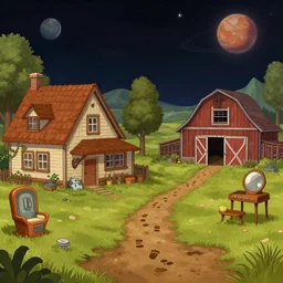 next to a farm house and a barn, foot prints in the mud leading from the house to the barn, on a remote planet, with retro sci fi furniture, from a space themed point and click 2 d graphic adventure game, detailed, set design inspired slightly by hg giger, art inspired by thomas kinkade