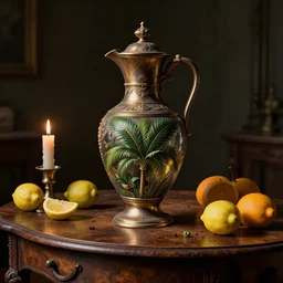 still art, antique jug with palms inside on wooden antique table, old candle, much vegetables, lemon, orange, pepper, cinematic light, contrast shadows, dark light, detailed, digital art, concept art, trending on artstation, highly detailed, intricate, sharp focus, digital art, 8 k