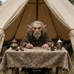 a goblin behind a table, in a tent, medieval, fantasy, realistic