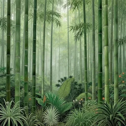 bamboo forest, lot of exotic vegetation, trees, flowers, in the foggy huge forest, sharp focus, fractal minimalist art by victo ngai, moebius, jean giraud, intricate detailed