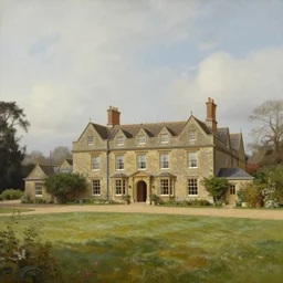 a large serene beautiful matte painting of a quaint english country mansion, by asher brown durand and george ault, featured on artstation