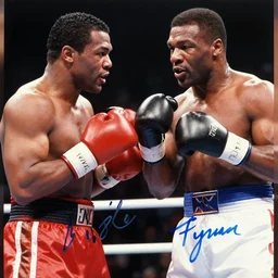 Mike Tyson boxing Mohammed Ali round 5, autographed in blue marker in the bottom corner by mike tyson, autographed in the left corner in black ink by mohammed ali