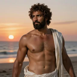 drake as a zeus by botticelli, brown skin, digital art, classical painting, sharp focus, sunset beach, 4 k, restored