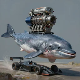 a cachalot with a race car motor engine instead of its head. a highly detailed, photorealistic painting, unreal creature, 8 k, cyber - punk