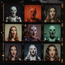 7 0 s film still from a horror movie about artificial intelligence making images of horror films, kodachrome, cinecolor, cinestill, film grain, film texture, retro, cinematic, high resolution, photorealism,