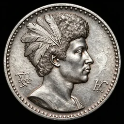 a ancient silver coin depicting a black man with afro and feathers in hair, london mint, very detailed, artstation, full frame, dramatic shading, jonathan pointer, janie penny,