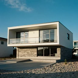 architecture ad for a mid-century modern house on the beach, designed by Bjarke Ingels. Film grain, cinematic, colorized, blue hue