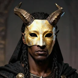 still from 3 0 0 of a head and shoulders portrait of a black dragonborn cleric, horns, golden phantom of the opera split mask, d & d, high fantasy, by donato giancola, comic book cover