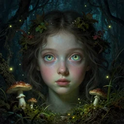 a close - up rococo portrait of a fairy. giant glowing eyes. surrounded by moss, mushrooms, and swamp, 1 8 th century painting by jean - honore fragonard and moebius. fireflies, night time. gloomy blue green environment, blurry organic dark background. sci - fi fantasy renaissance masterpiece. artstation
